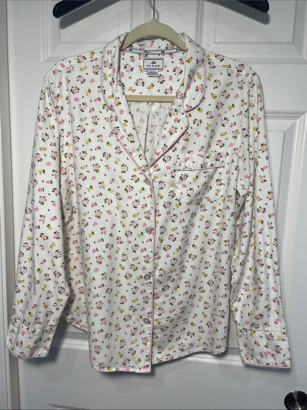 Petite Plume Button Up PJ Shirt Large Floral Long Sleeve Piping Cotton